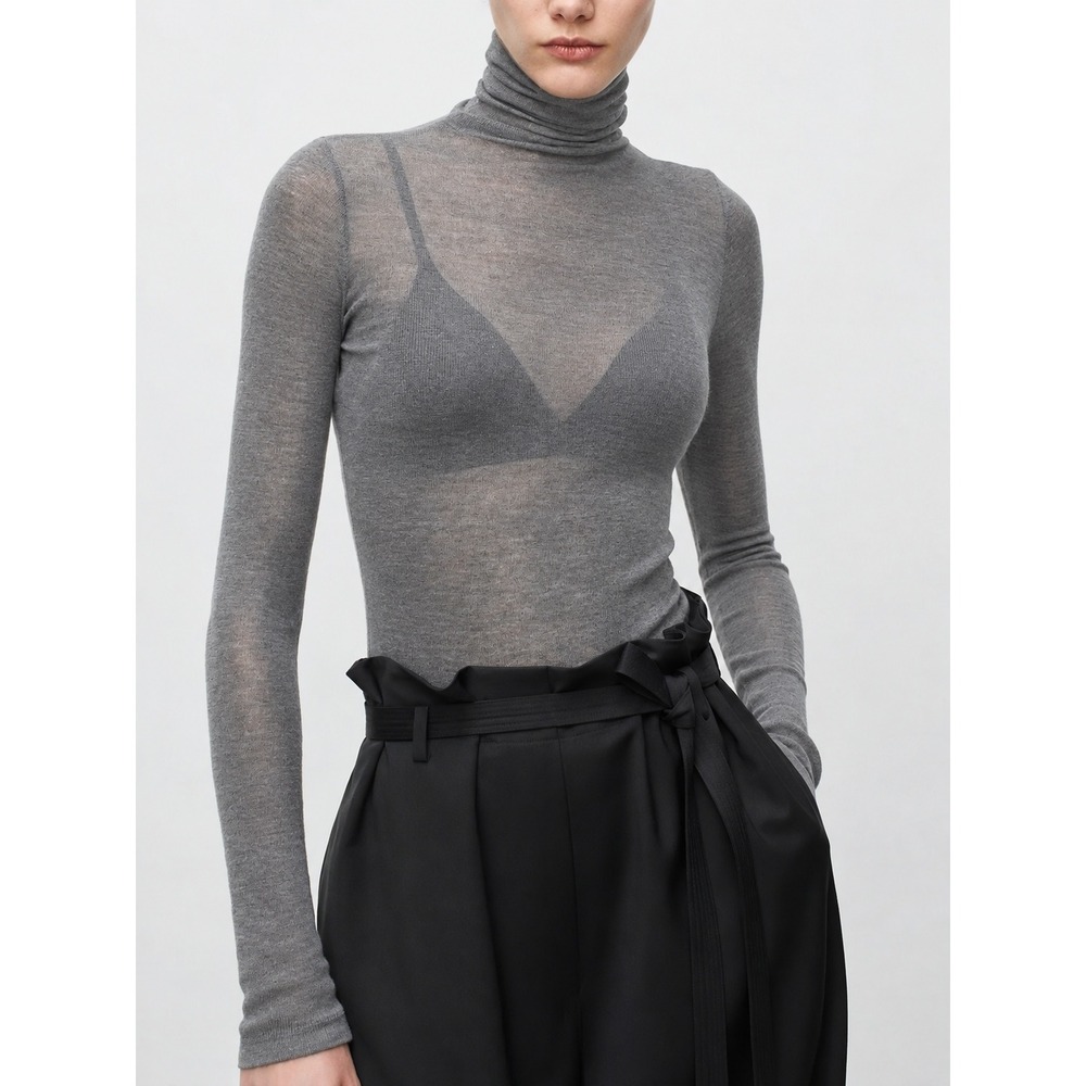 COMMENSE Gray Wool Blend Sheer Turtleneck Long Sleeve Fitted Sweater Top Size S